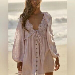 Free People Summer Struttin' Crochet Puff Sleeve Mini Dress Blush Pink Small